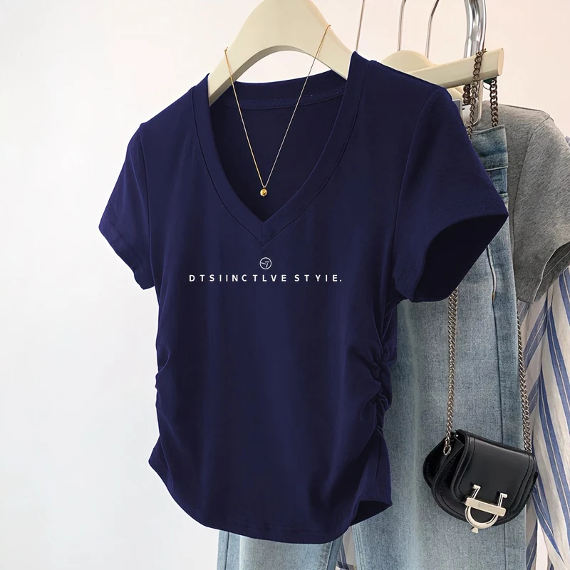 不规则褶皱V领短袖t恤女夏季设计感修身短款小个子正肩体恤上衣