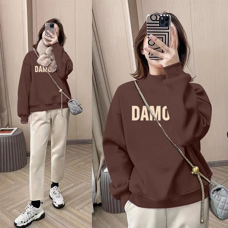 半高领套头印花洋气保暖加绒加厚卫衣女2025秋冬装新款宽松韩版