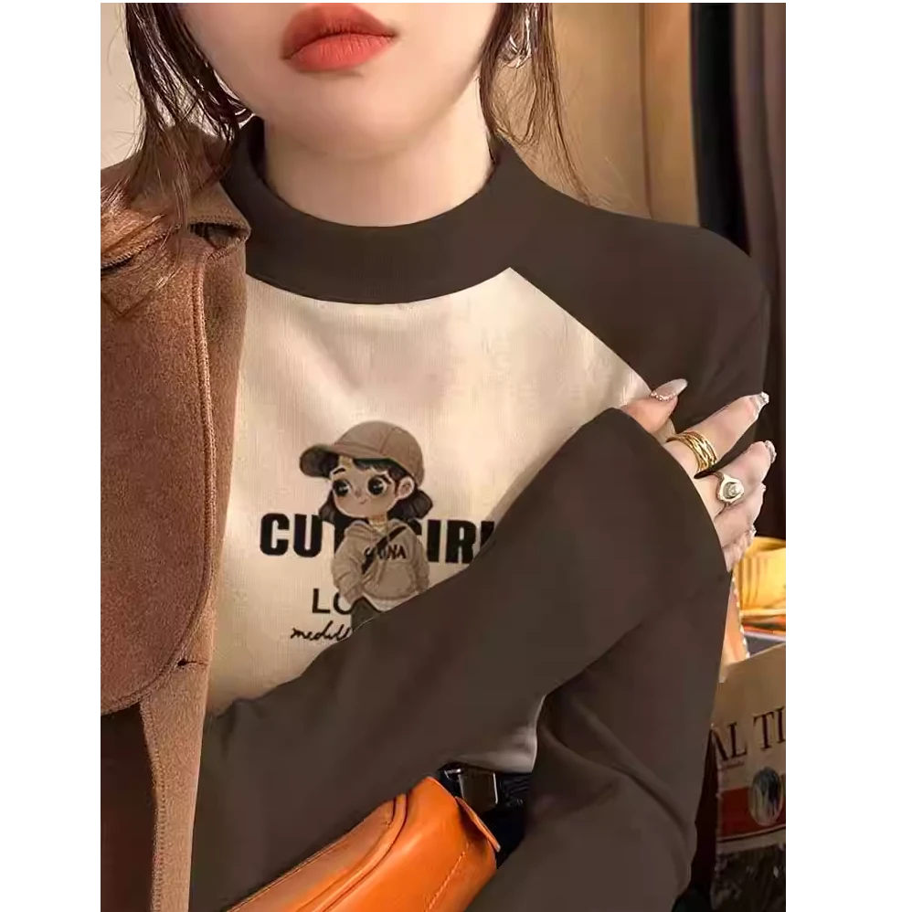 加厚款德绒磨毛撞色半高领长袖t恤女时尚百搭保暖上衣2024秋冬季