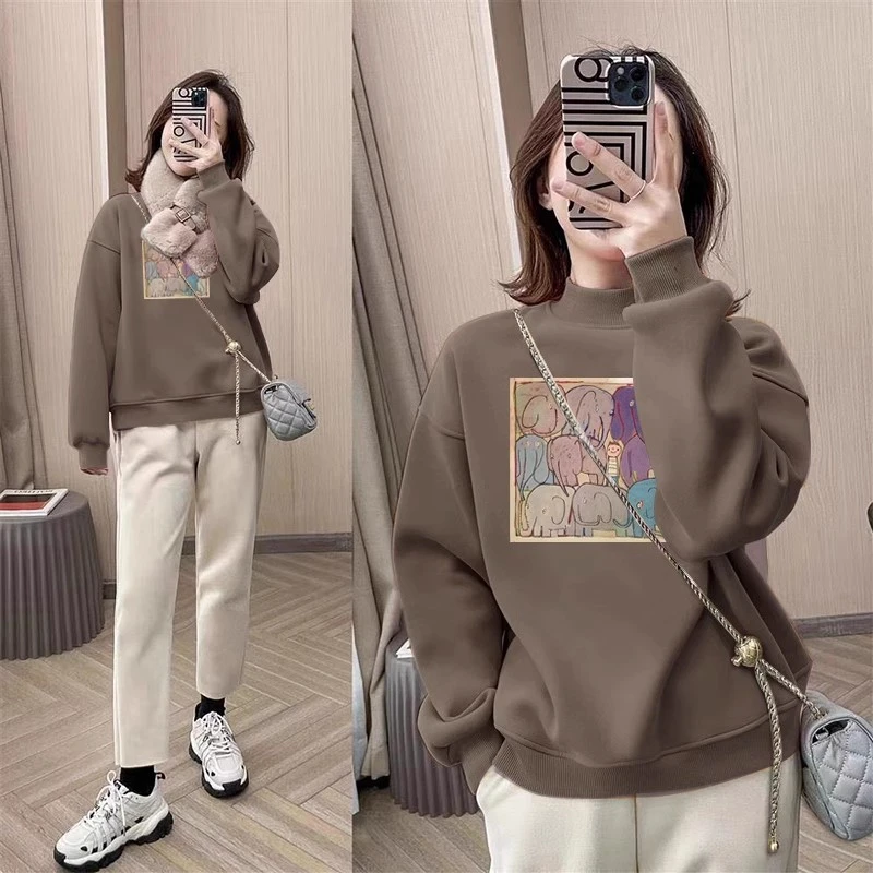 半高领套头印花打底衫加绒加厚卫衣女2024秋冬季新款宽松韩版外套