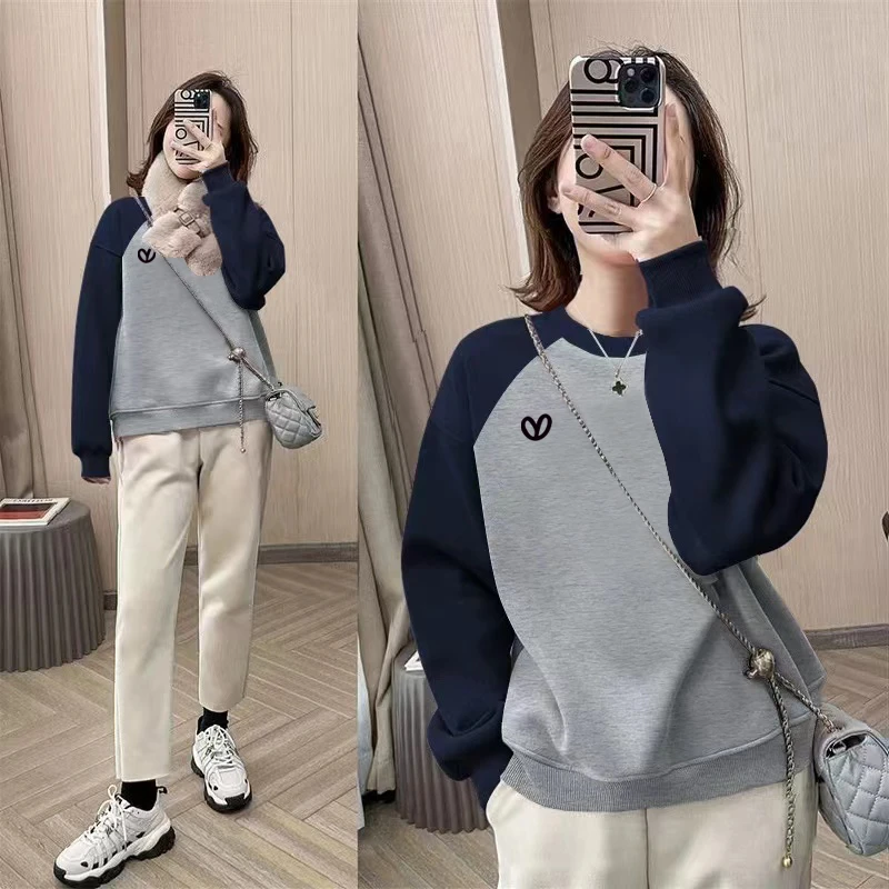 撞色卫衣女圆领宽松秋冬季爆款加绒加厚拼接插肩袖套头纯棉上衣潮