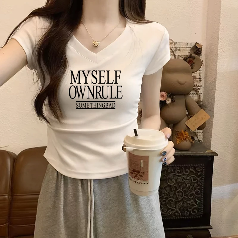 不规则褶皱V领短袖t恤女夏季设计感修身短款小个子正肩体恤上衣