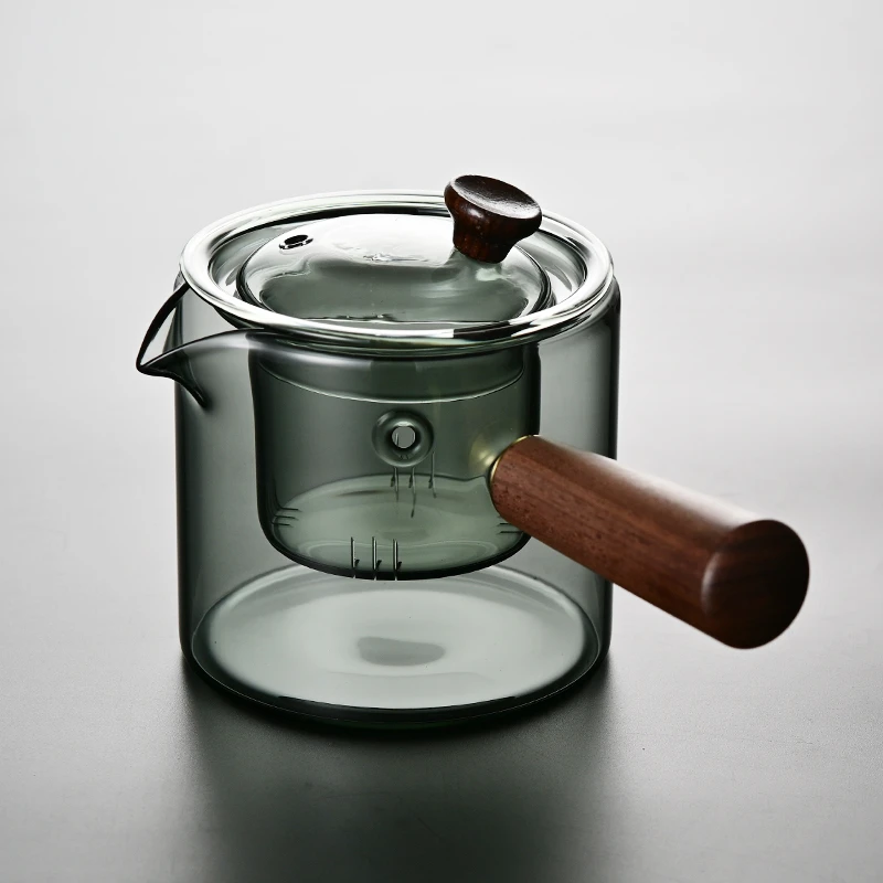 古弦河透黑耐热玻璃煮茶壶侧把壶木把茶壶煮茶器花茶壶茶具直觉壶