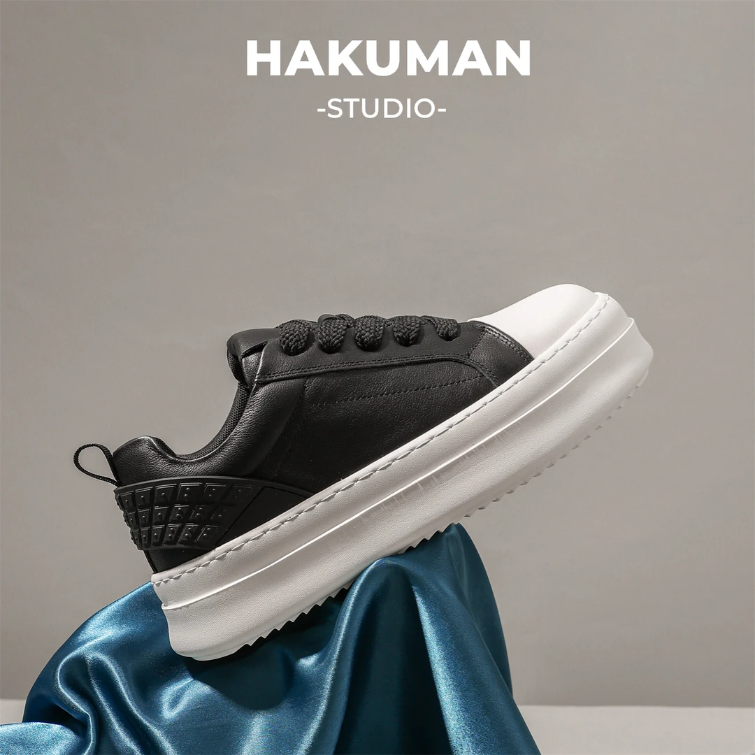 HAKUMAN头层牛皮小白鞋板鞋厚底增高橡胶发泡底高端ins小众单鞋男
