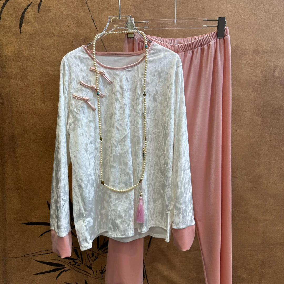 新款中式国潮复古盘扣丝绒上衣套装休闲减龄气质潮流家居服两件套