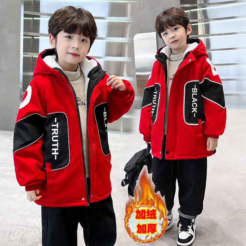 淘迪猫男童外套冬季新款中长款棉服时尚拼色加厚加绒保暖棉服外套