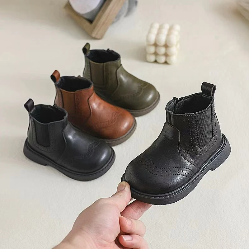 真皮加绒儿童真皮马丁靴女童秋冬靴子男童休闲皮鞋宝宝舒适软底