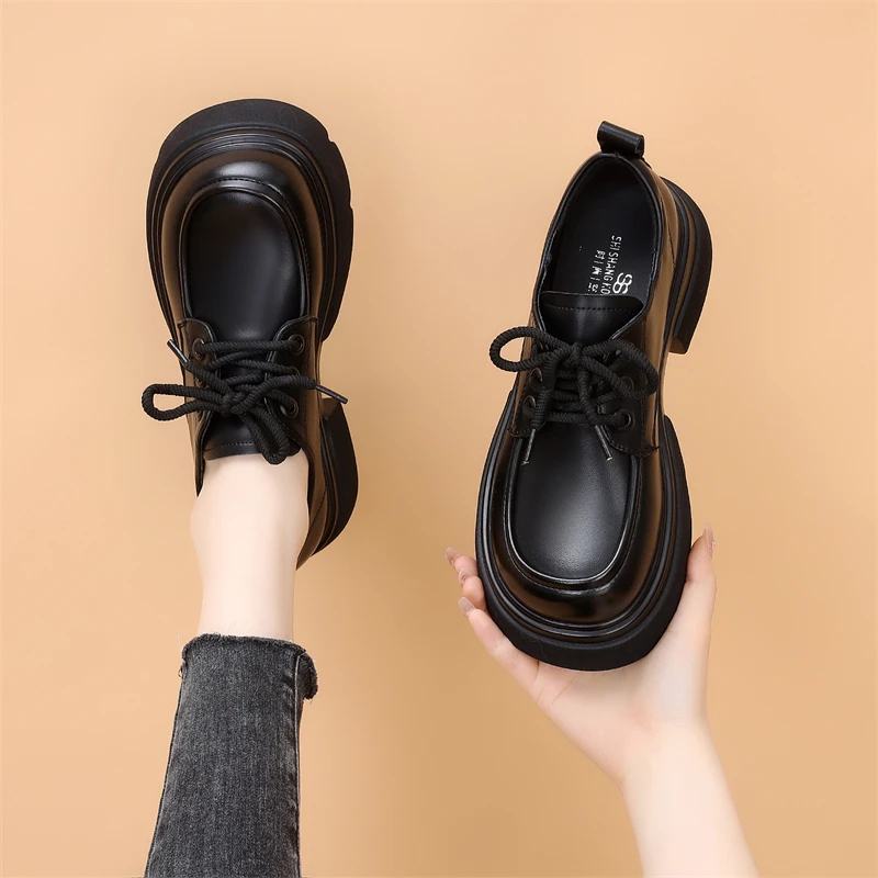 英伦风乐福鞋女松糕厚底增高小皮鞋2025春季新款简约百搭系带单鞋