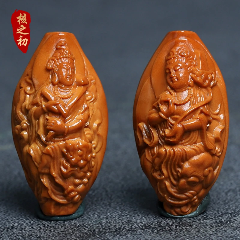 橄榄核浮雕文殊普贤菩萨单粒生肖兔龙蛇守护神核雕文玩单籽吊坠