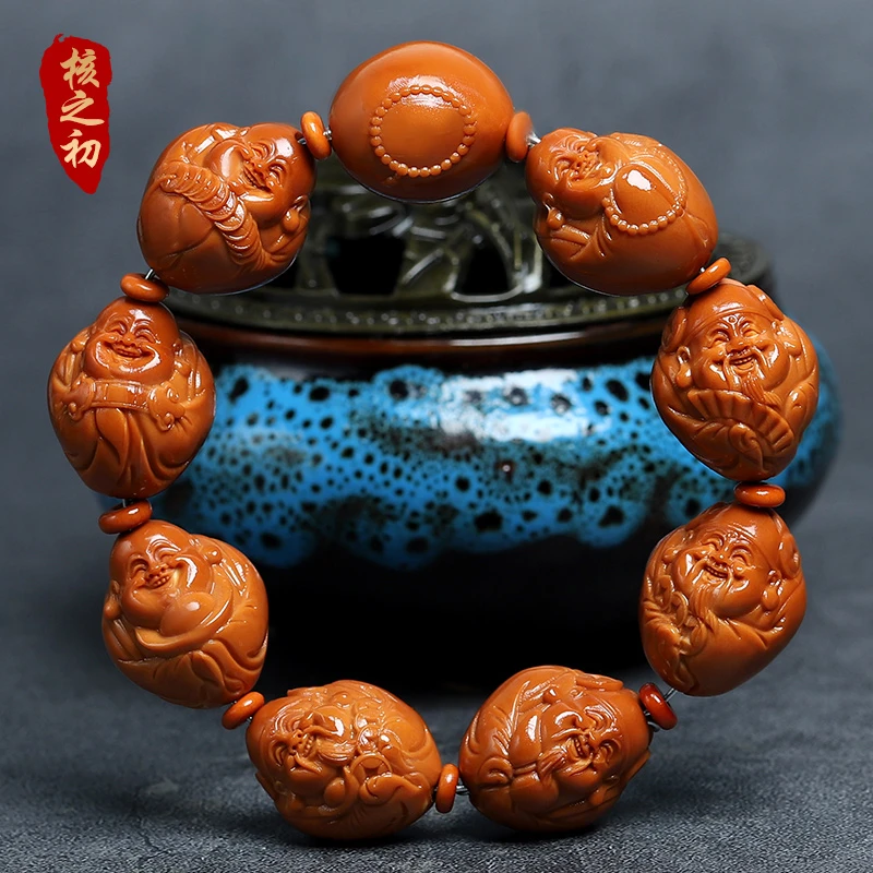 橄榄核财迷手串手工雕刻和气生财手串核雕文玩财神弥勒男女手把件