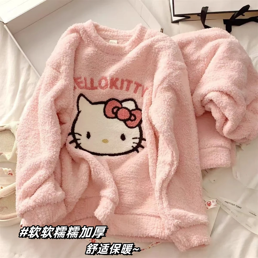 【牛姐同款】睡衣女款半边绒加绒加厚保暖套头KT猫珊瑚绒家居服套装