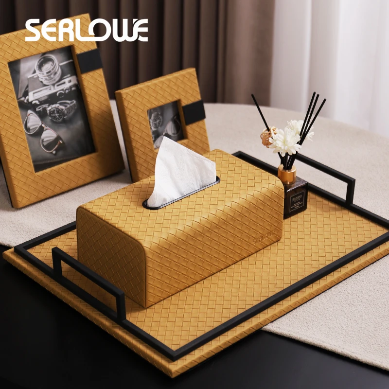 高级感编织皮革抽纸盒现代轻奢风简约家用客厅民宿前台纸巾盒摆件