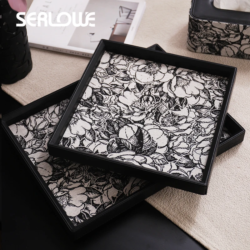 香薰托盘法式复古提花布艺家用酒店民宿高级感皮革中古收纳盘摆件