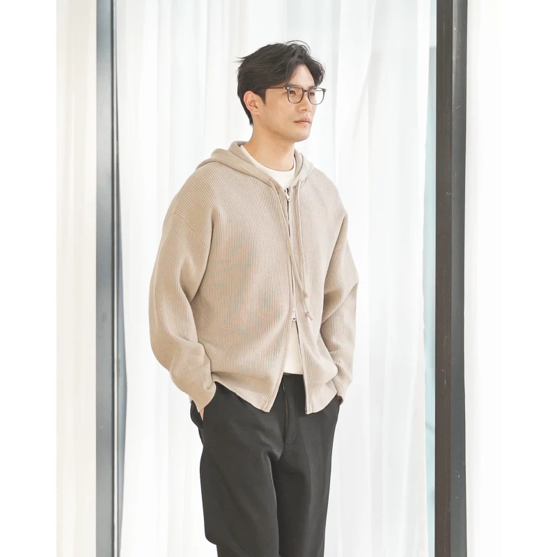 2023秋冬新款日韩氛围感简约宽松休闲连帽毛衣开衫外套男士针织衫