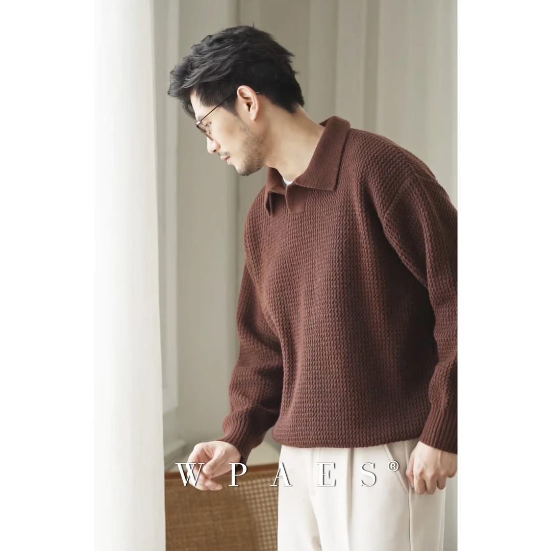 WPAES男装重磅粗纺针翻领套头针织衫2024秋冬新款休闲保暖毛衣男