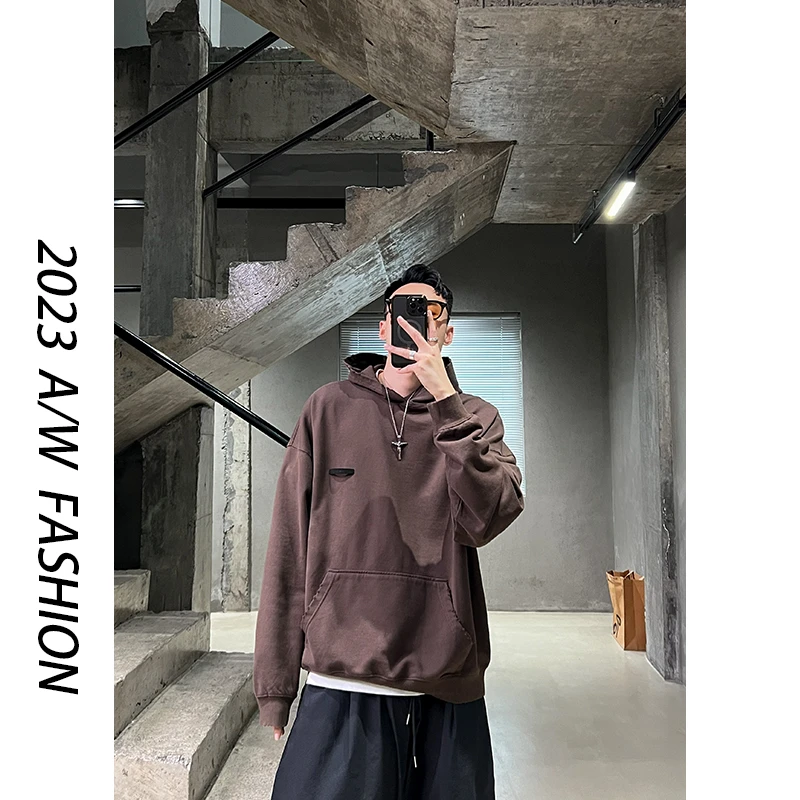 【叶继枫】重磅430g 复古水洗磨破宽松基础纯色加厚连帽卫衣外套ins