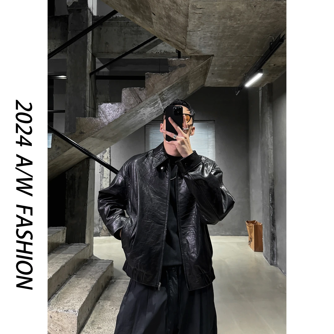 【叶继枫】黑标 24 A/W 山羊皮真皮复古短款廓型翻领油蜡皮夹克外套