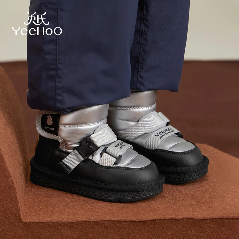 英氏童鞋男童雪地鞋防滑儿童女童雪地靴加绒长绒毛儿童加绒二棉鞋