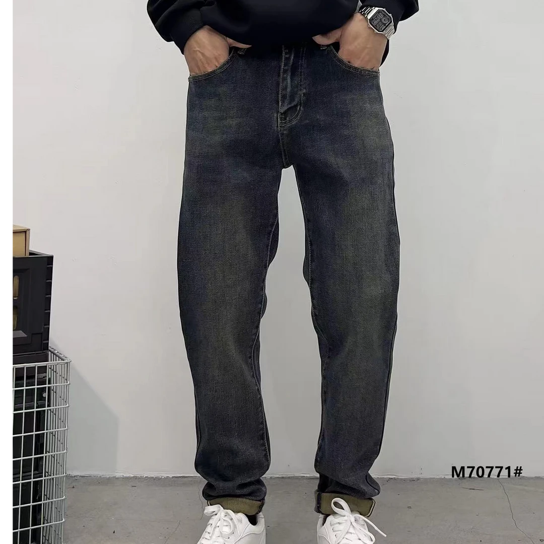 男秋冬百搭时尚烟灰色深色水洗牛仔裤男士直筒黑色复古70771