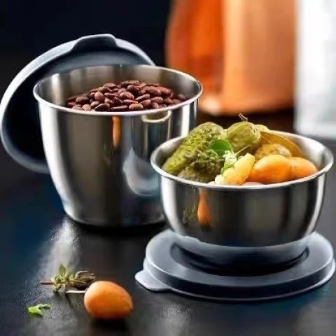 特百惠 缇纷不锈钢密封圆碗2件套 便携耐用 盆带盖子冰箱冷藏保鲜