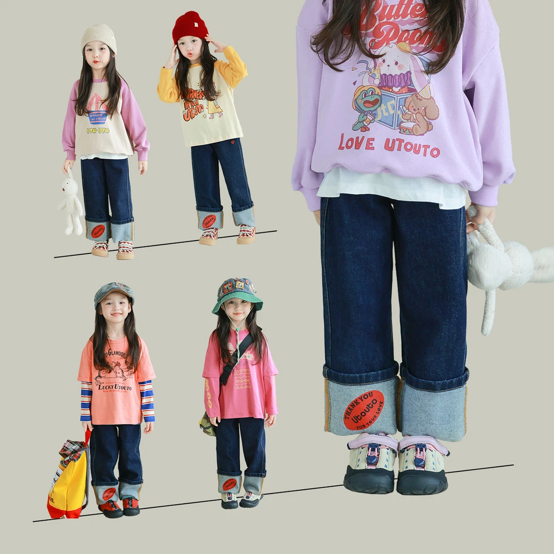 utouto大耳象女童拼接印花牛仔裤2024秋季新款儿童个性2408248