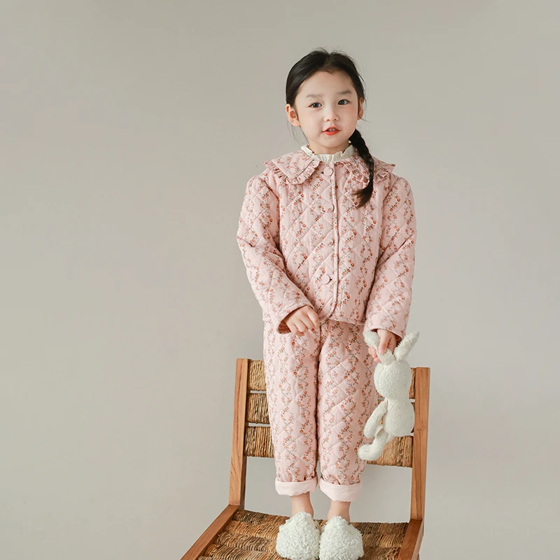 utouto大耳象女童碎花翻领棉服外套＆裤子2023冬季新2309023