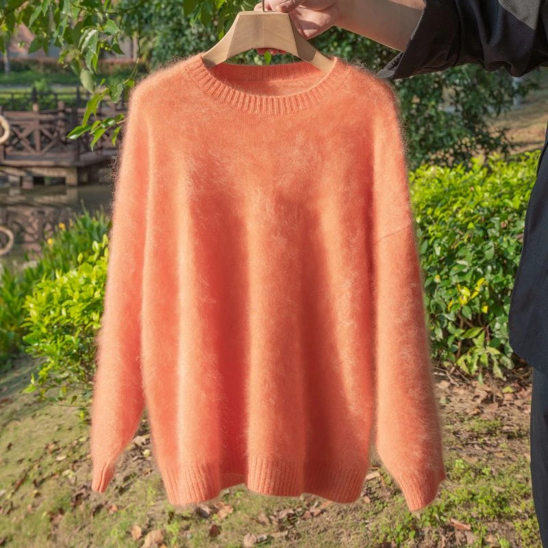 爆绒圆领拉绒 高端吗100山羊绒衫拉毛女宽松秋冬中长款时尚百搭