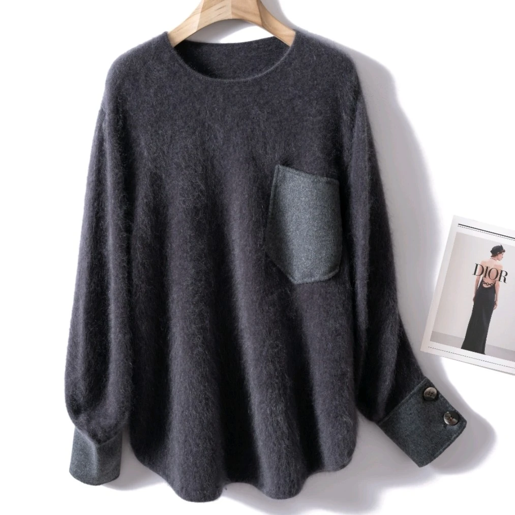 山羊绒拉绒秋冬百搭加厚宽松圆领白色羊绒衫时尚中长款