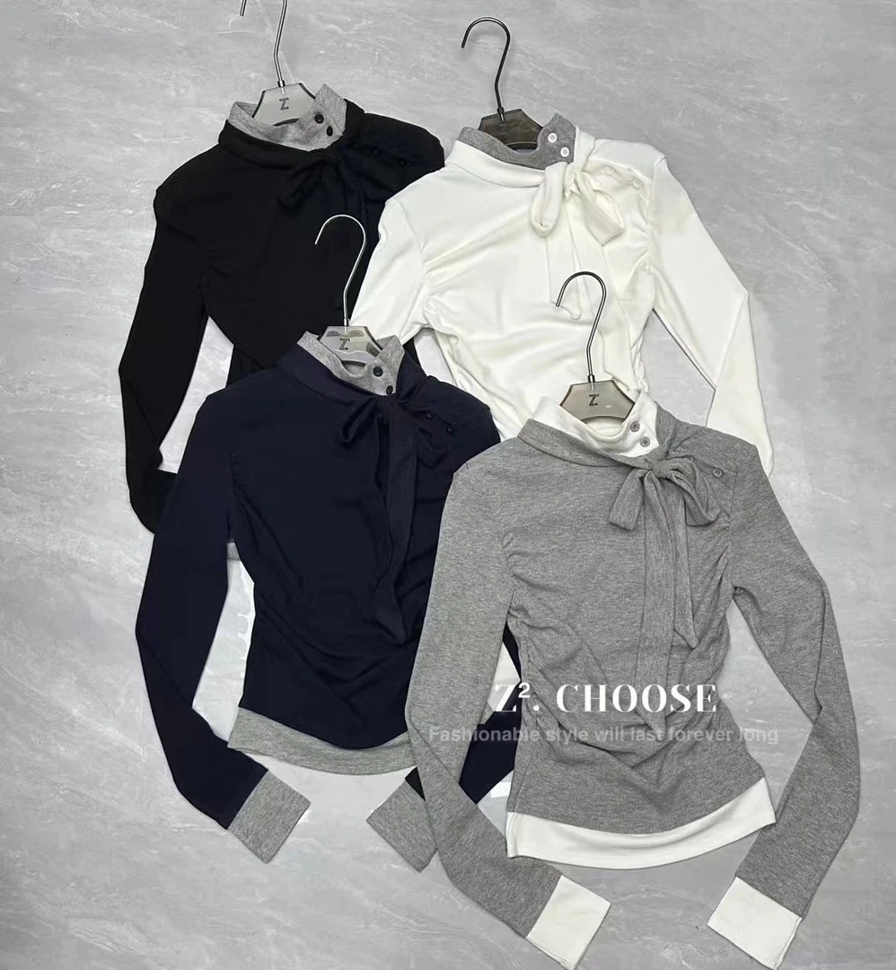 半高领蝴蝶结假两件T恤打底衫内搭女秋冬设计感加厚上衣