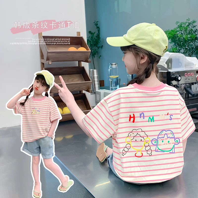 2025新款儿童卡通T恤洋气时尚女童夏季休闲中大童条纹短袖X12157