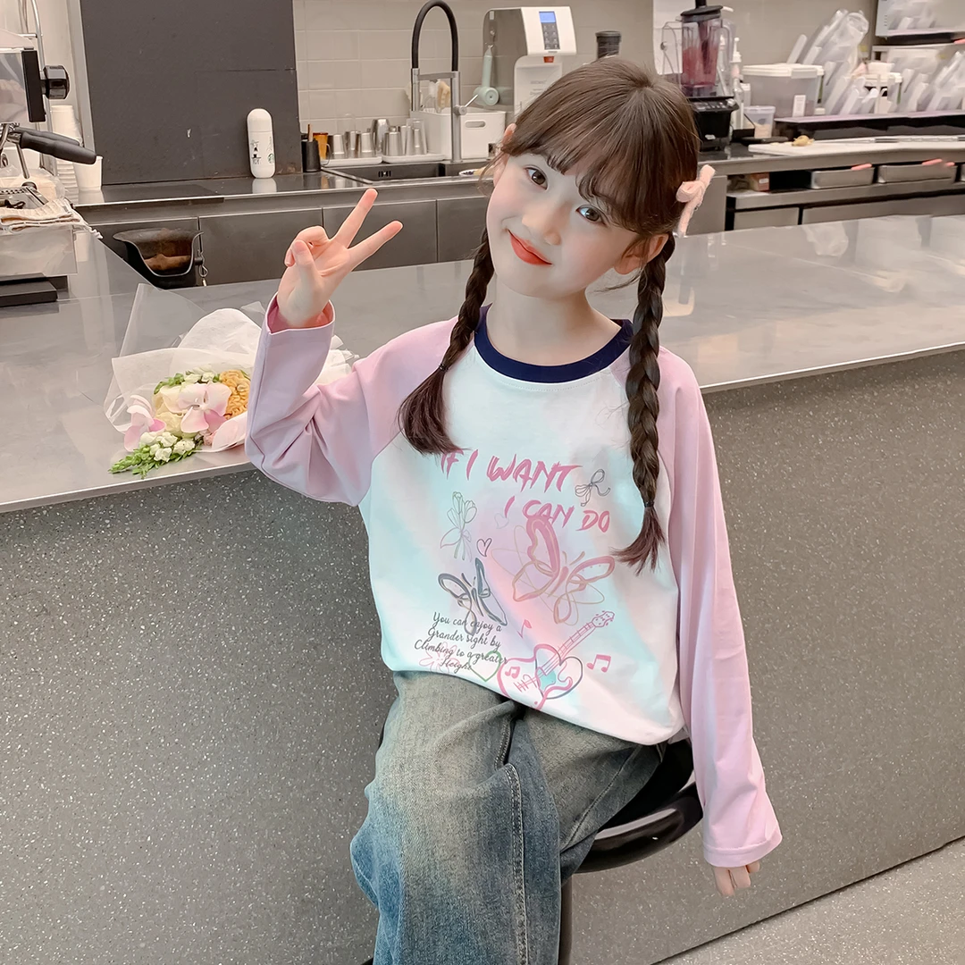 女童2025秋季新款甜美可爱蝴蝶印花那女孩秋款打底长袖T恤X12572