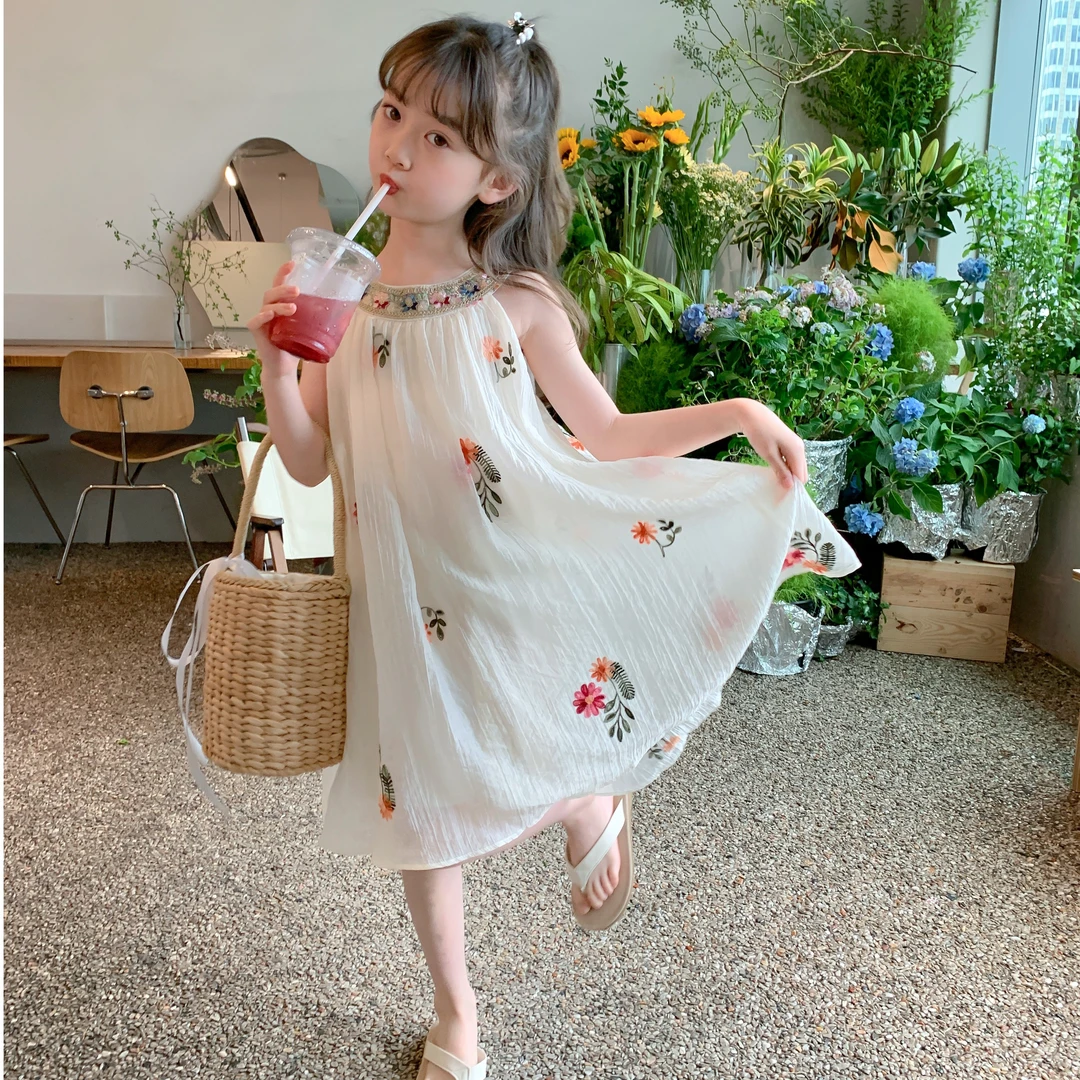 女童2025夏季新款时尚绣花儿童洋气圆领无袖公主连衣裙DY105