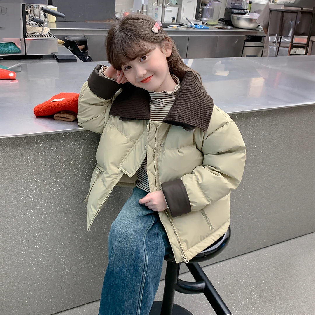 女童2024冬季新款洋气气质风中大童撞色设计大翻领厚款棉服Q12881