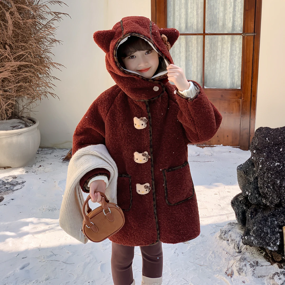 女童2024冬季新款纯色连帽女孩高街卡通可爱中长款厚款外套Q12930