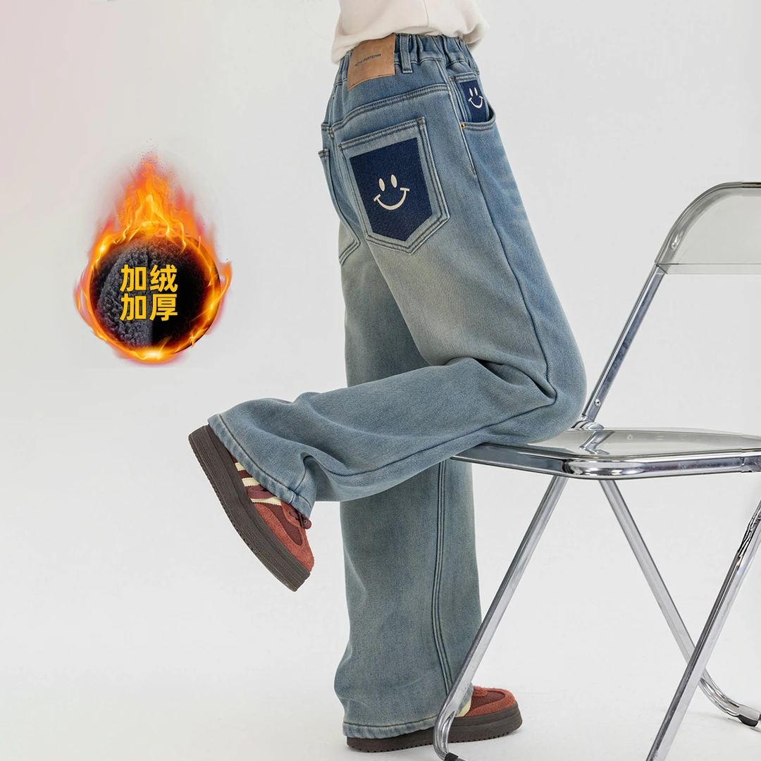 女童2025冬季新款时尚韩版后贴口袋笑脸刺绣女孩加绒牛仔裤Q12890