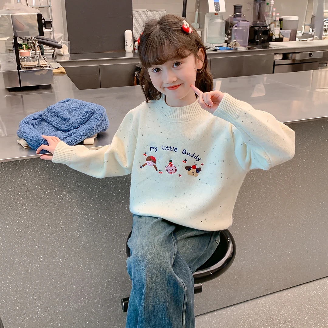 女童2025冬季新款甜美少女风女孩冬装动漫刺绣厚款保暖毛衣Q12894