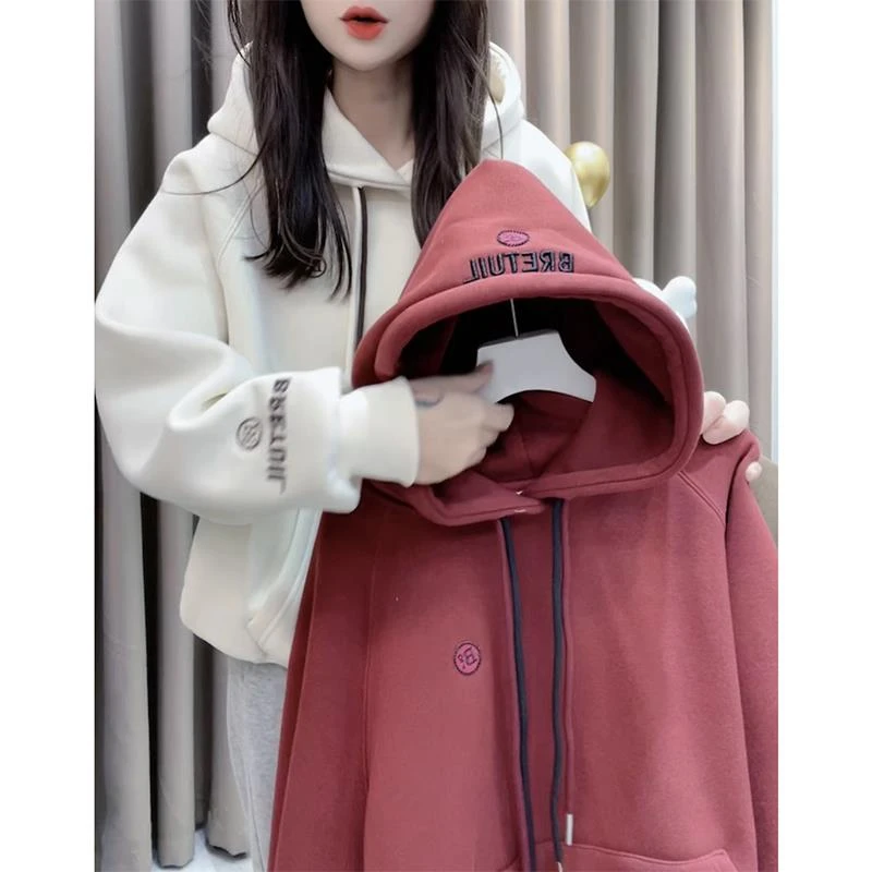 韩版休闲加绒卫衣女秋冬季2024年新款宽松加厚设计感连帽长袖上衣