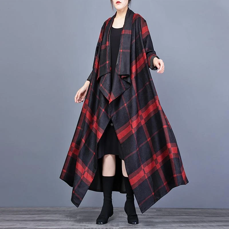 不规则风衣女长款过膝2020秋季新款大码垂感气质外套文艺格纹外披