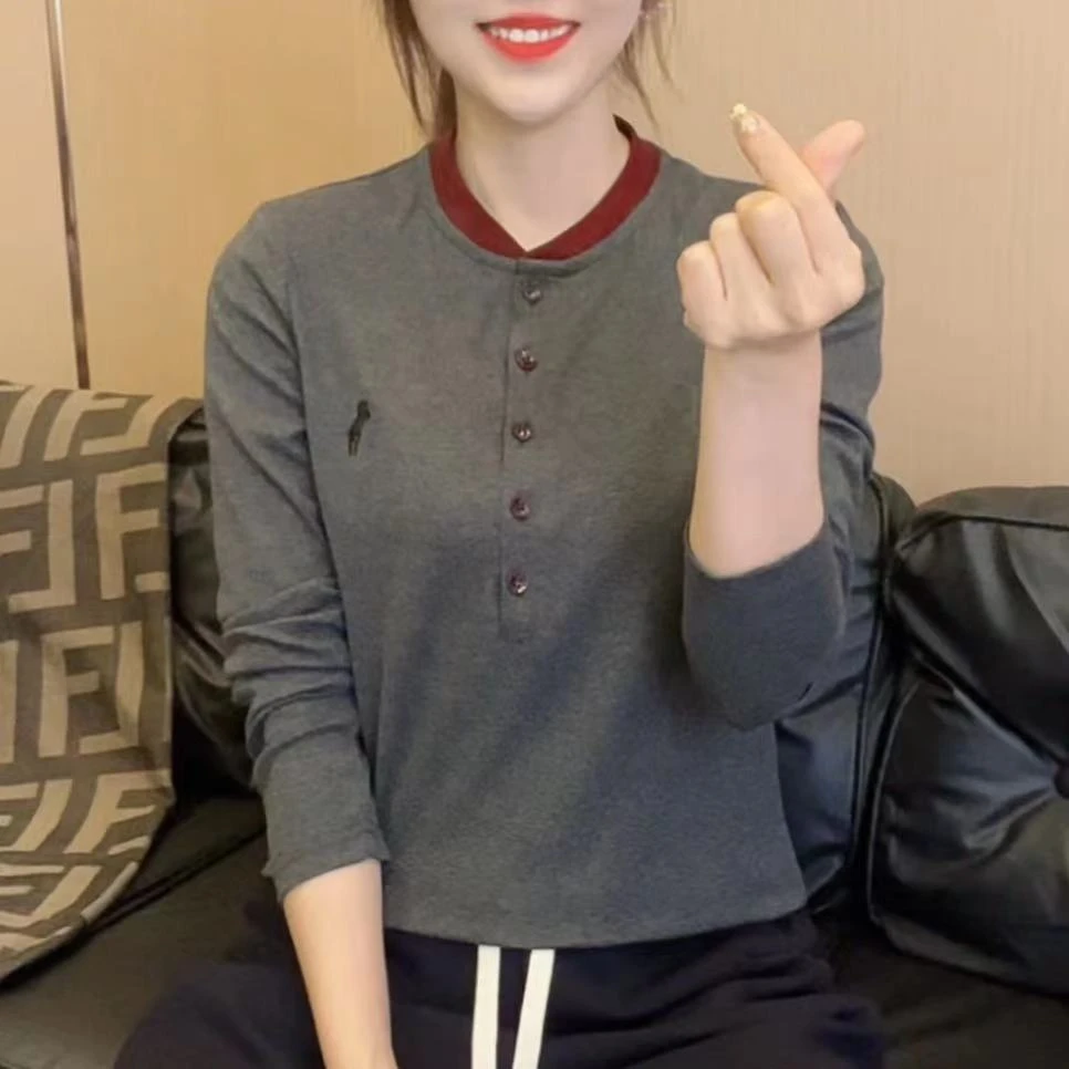 秋季时尚精选2024拼色刺绣圆领设计感气质显瘦百搭长袖上衣F1086