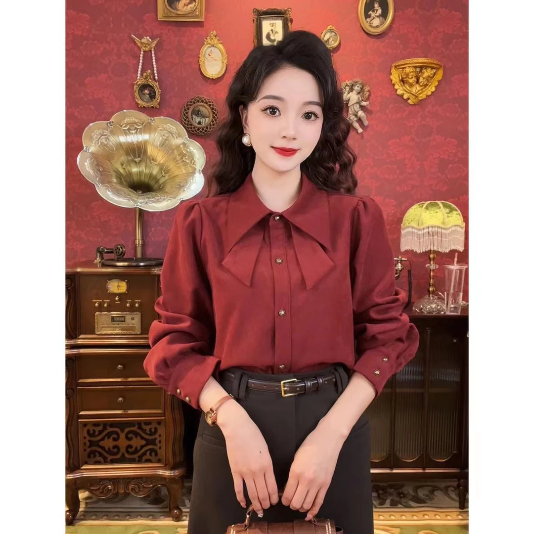 【思思港风】蝴蝶式设计感领子复古衬衫Y2267