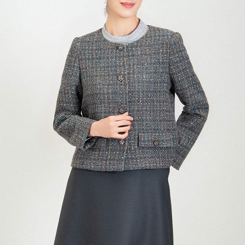 28541 女装春秋冬圆领百搭名媛小香风外套修身显瘦长袖法式粗花呢