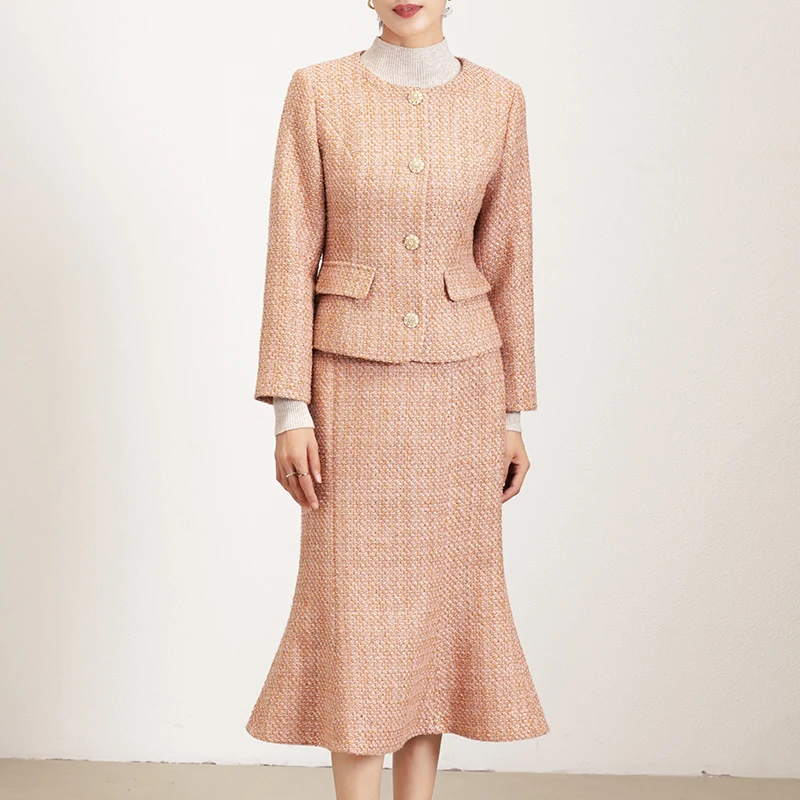 28437 女装2024年秋冬圆领小香风外套装修身显瘦长袖鱼尾裙两件套