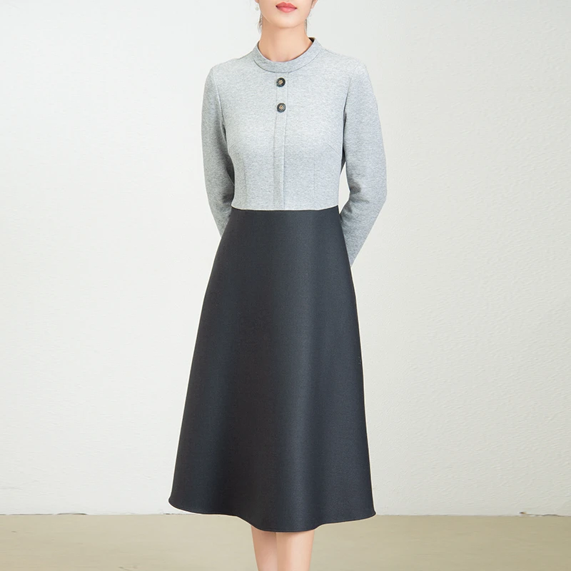 28542 通勤女装气质A字设计师裙中长款长袖打底立领黑色连衣裙子