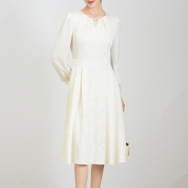 28514 年会首选连衣裙修身显瘦时尚设计圆领大摆裙子收腰气质杏色