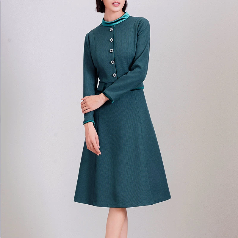 28424 垂感连衣裙秋季2024新款女装收腰显瘦立领气质通勤轻熟裙子