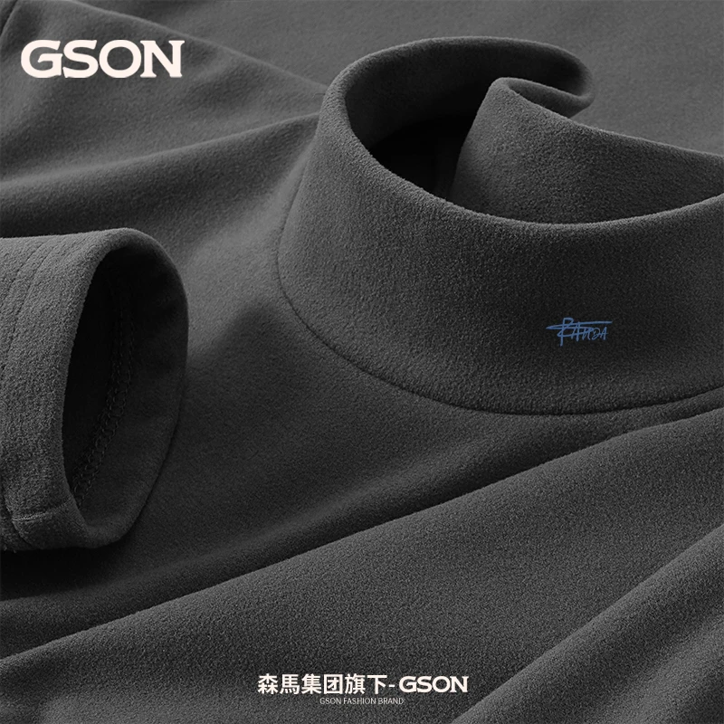 潮牌穿搭旗下GSON半高领打底衫男士秋冬季加绒加厚保暖长袖t恤男
