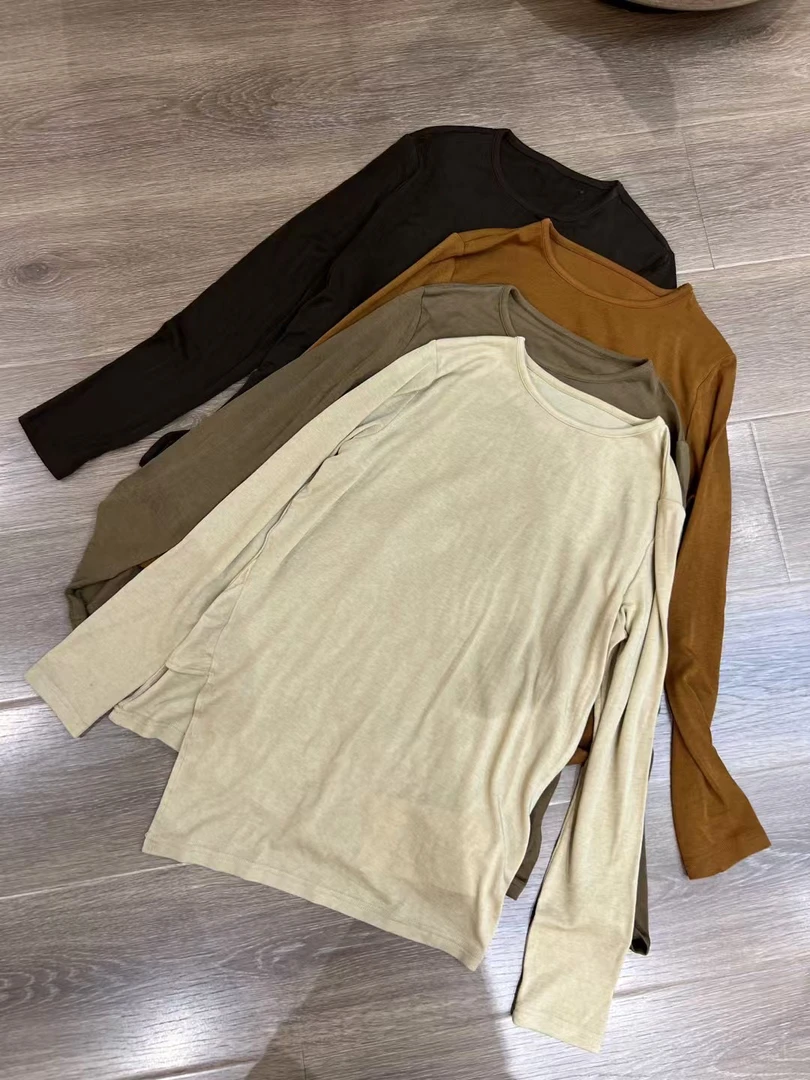 圆领长袖T恤打底衫女修身内搭百搭纯色上衣