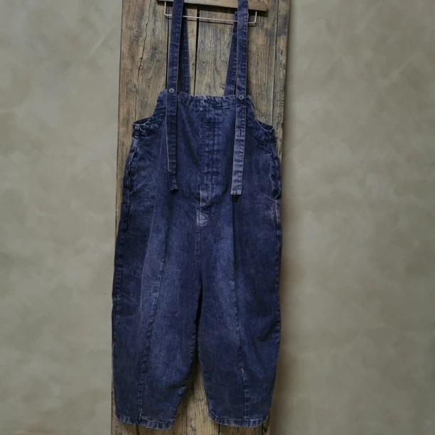 甄选棉麻原创古古麦双层牛仔背带裤