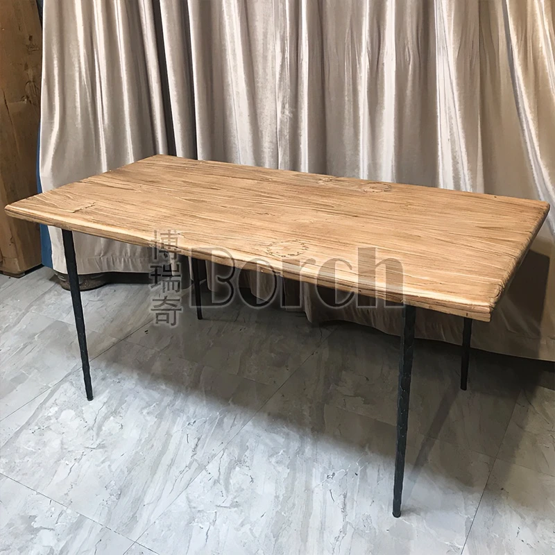 BORCH/博瑞奇复古轻奢简约风化榆木餐桌锻打铁艺脚长桌（08046）