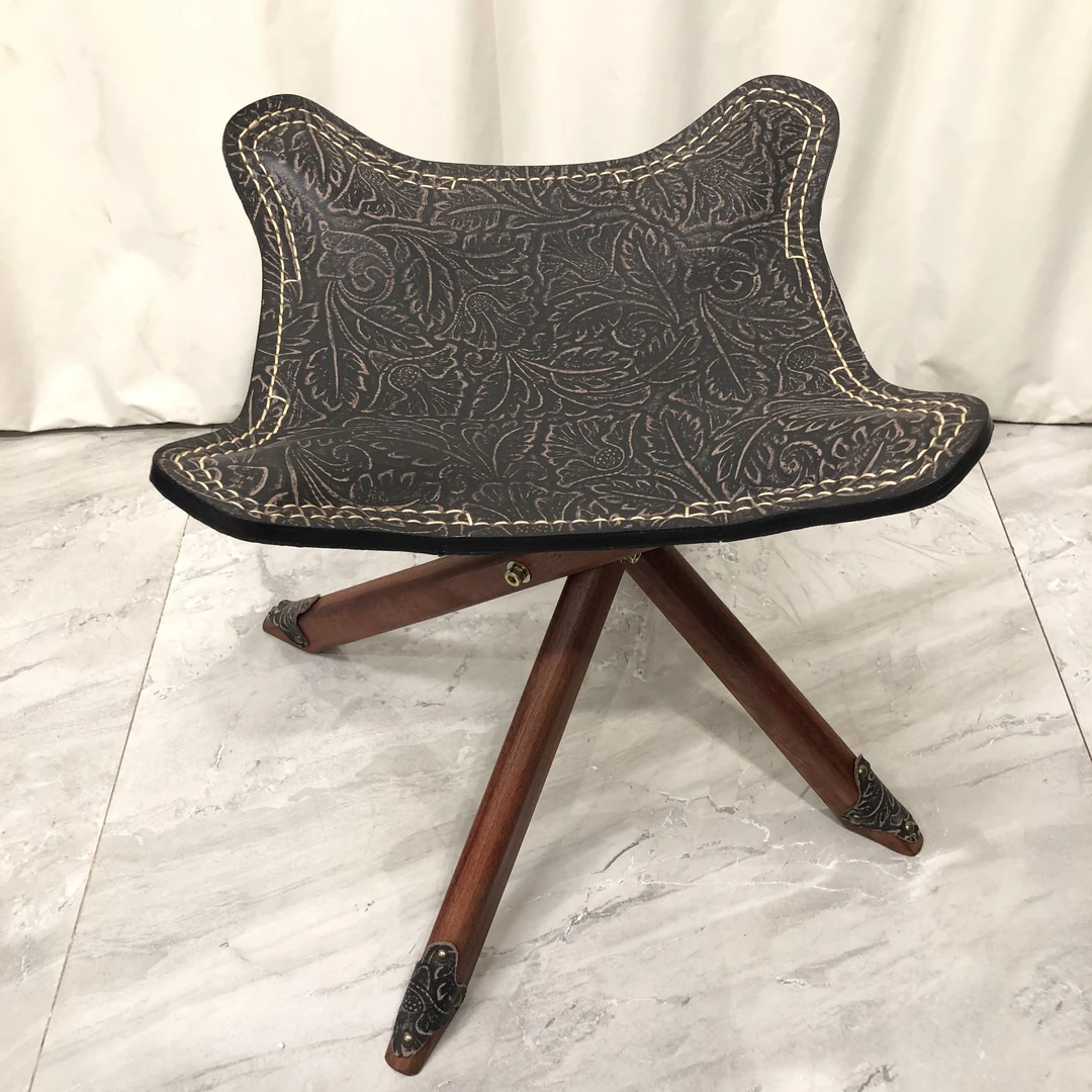 BORCH/博瑞奇真皮皮凳实木花纹折叠凳（08868）